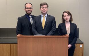 Picture of SMU First Amendment Clinic students, from left, Alex Guerrero, Andrew Killian and Emma Lynch, who represent The Marshall Project in requesting disclosure of information in Ogg v. Paxton.