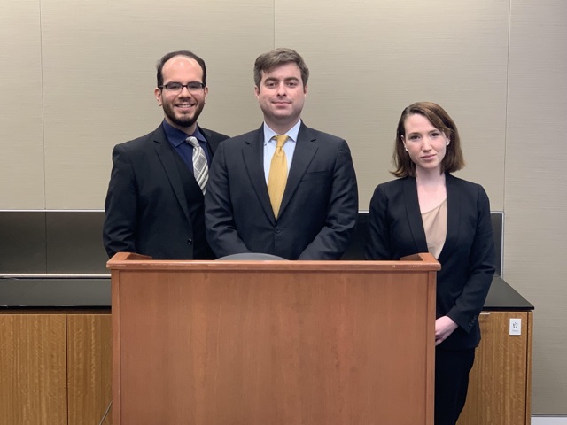 Picture of SMU First Amendment Clinic students, from left, Alex Guerrero, Andrew Killian and Emma Lynch, who represent The Marshall Project in requesting disclosure of information in Ogg v. Paxton.